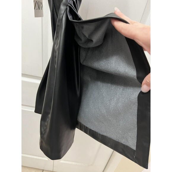 Zara Black Faux Leather Mini Dress NEW spaghetti Strap Zip Up Back Size Medium - Picture 10 of 11